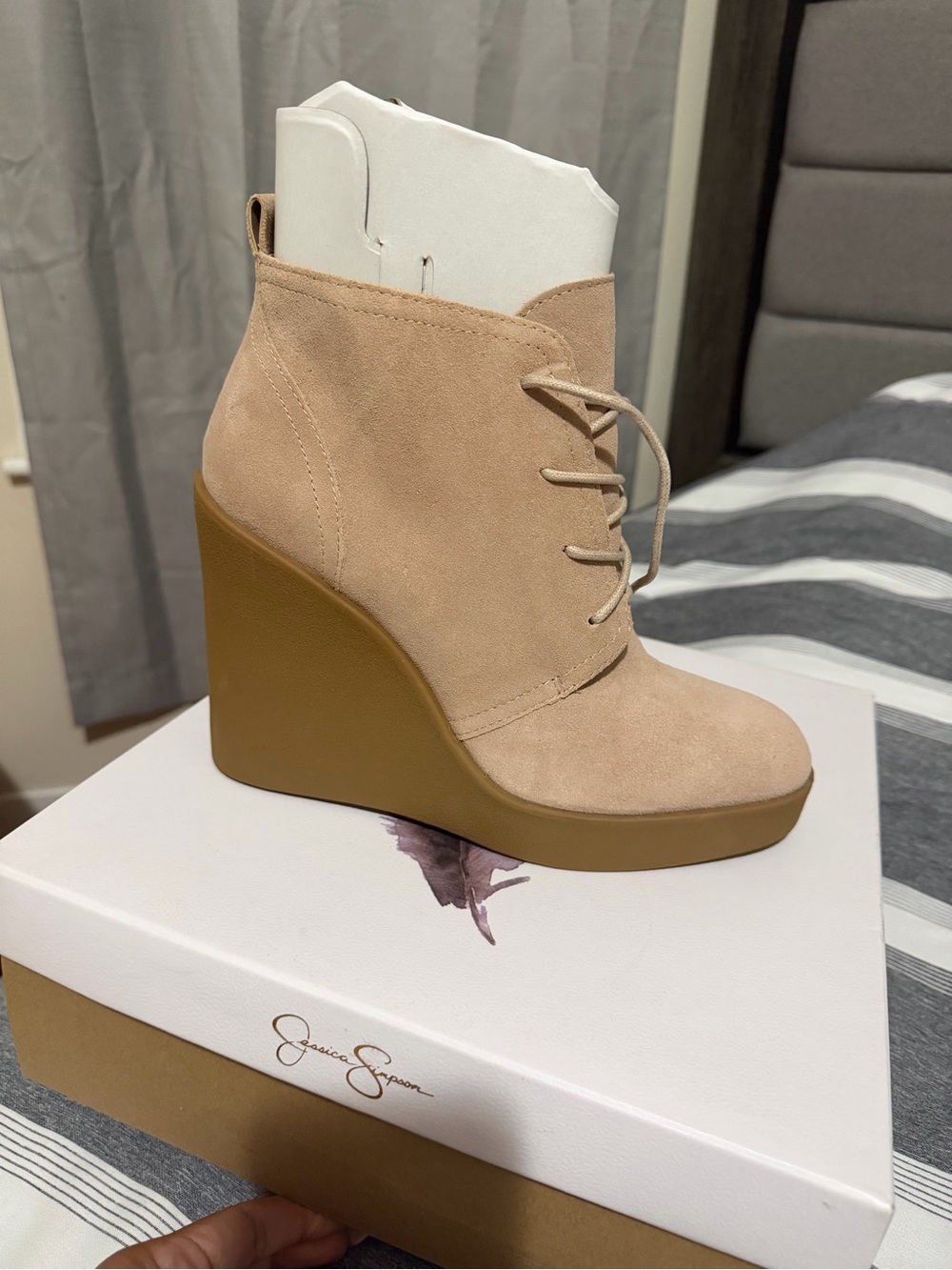 Jessica Simpson Blush Pink Suede Lace-Up Wedge Bootie